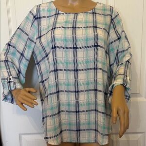 Pixley White Navy & Turquoise Plaid Roll-Tab Blouse Medium
